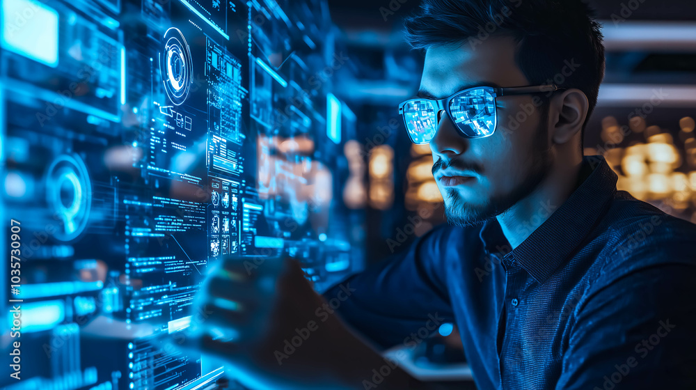 A student man learns online with futuristic technology. The concept of education, innovation, and digital learning. Generative AI. A student man learns online with futuristic technology. The concept of education, innovation, and digital learning. Generative AI.