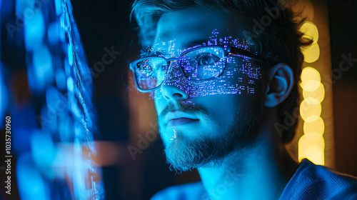 A student man learns online with futuristic technology. The concept of education, innovation, and digital learning. Generative AI.