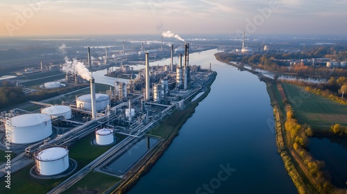 An expansive aerial view of a petrochemical facility by a river, with pipelines and storage tanks reflected in the water below.