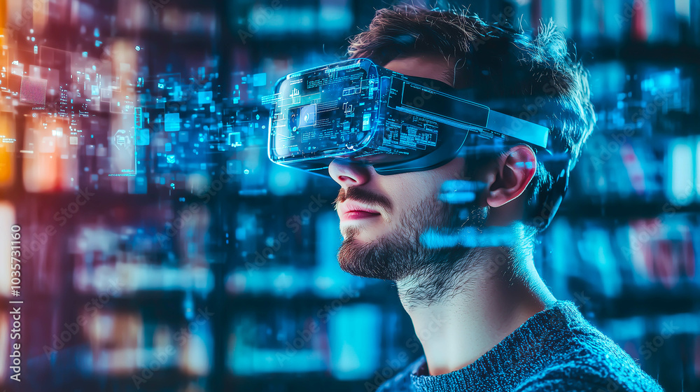 A student man learns online with futuristic technology. The concept of education, innovation, and digital learning. Generative AI. A student man learns online with futuristic technology. The concept of education, innovation, and digital learning. Generative AI.