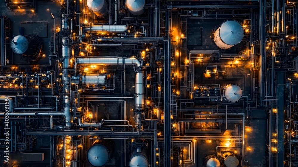 A drone's-eye view of a massive petrochemical plant at night, with intricate pipelines and tanks illuminated by industrial lights. A drone's-eye view of a massive petrochemical plant at night, with intricate pipelines and tanks illuminated by industrial lights.