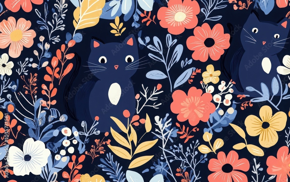 A dynamic seamless vector pattern showcasing adorable cats among various flowers in a doodle style, emphasizing creativity and joy in the design A dynamic seamless vector pattern showcasing adorable cats among various flowers in a doodle style, emphasizing creativity and joy in the design