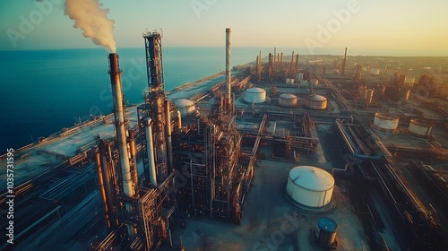 A high-altitude aerial shot of an immense petrochemical plant by the sea, with pipelines and tanks stretching towards the horizon.