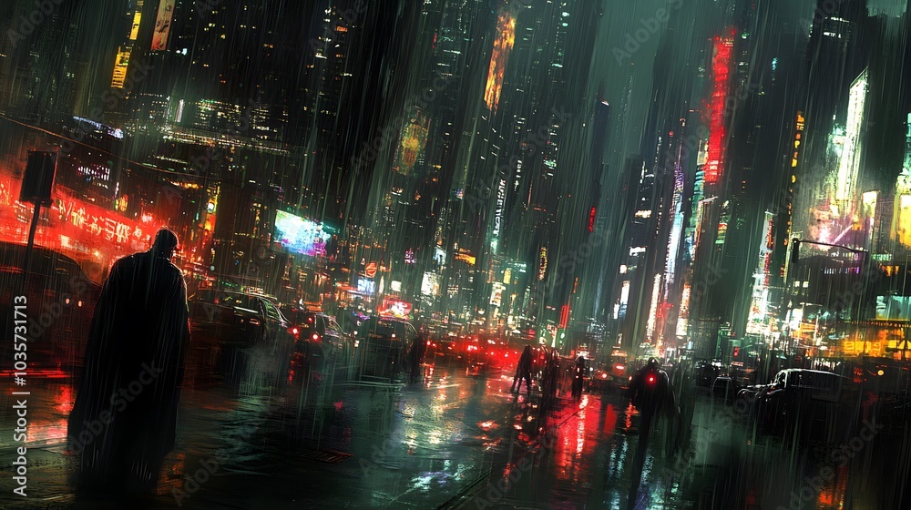 Cyberpunk metropolis with rain-soaked streets neon lights and dark high-tech districts Cyberpunk metropolis with rain-soaked streets neon lights and dark high-tech districts