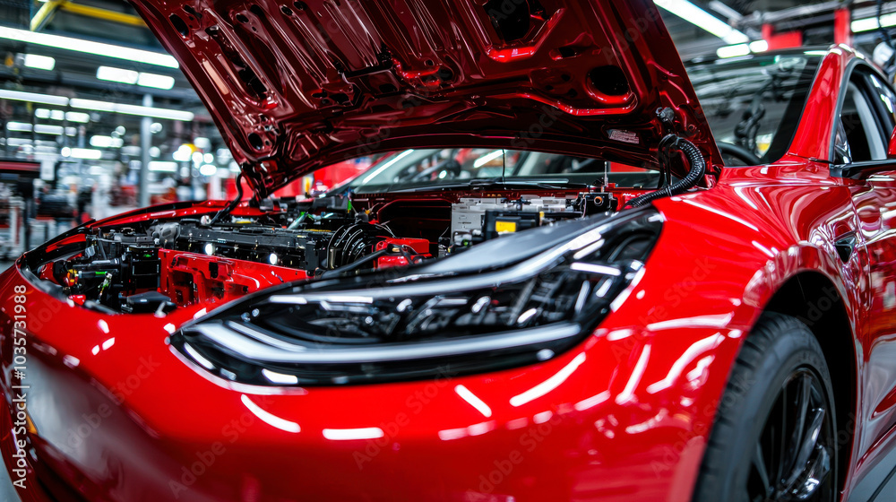 Fototapeta premium image showcases red car with its hood open, revealing intricate engine components inside. scene highlights advanced technology and engineering involved in modern automotive design, emphasizing role