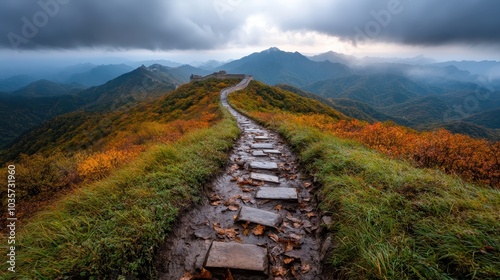 A breathtaking view of the Great Wall, winding through colorful autumn mountain landscapes, under a dramatic cloudy sky, offering a sense of adventure and history. photo