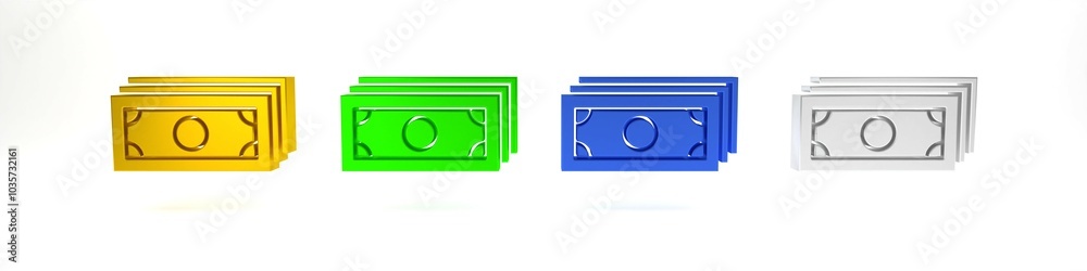 Colorful Stacks paper money cash icon isolated on white background. Money banknotes stacks. Bill currency. Minimalism concept. 3D render illustration