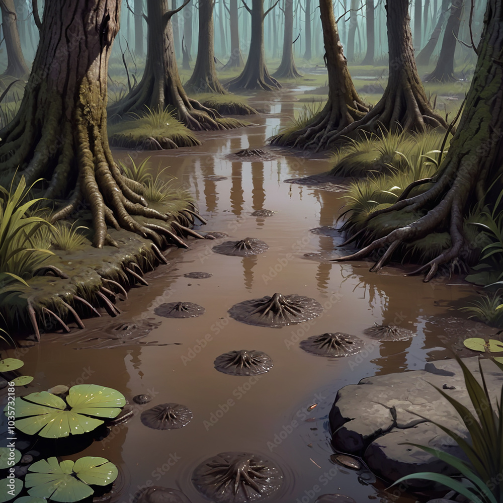 A swampy forest with exposed tree roots, muddy water, and lily pads ...
