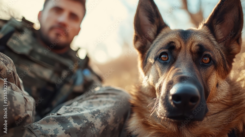 A soldier dressed in tactical attire sits in the forest with a focused German Shepherd, emphasizing the bond between handler and loyal working dog in a serene setting. A soldier dressed in tactical attire sits in the forest with a focused German Shepherd, emphasizing the bond between handler and loyal working dog in a serene setting.