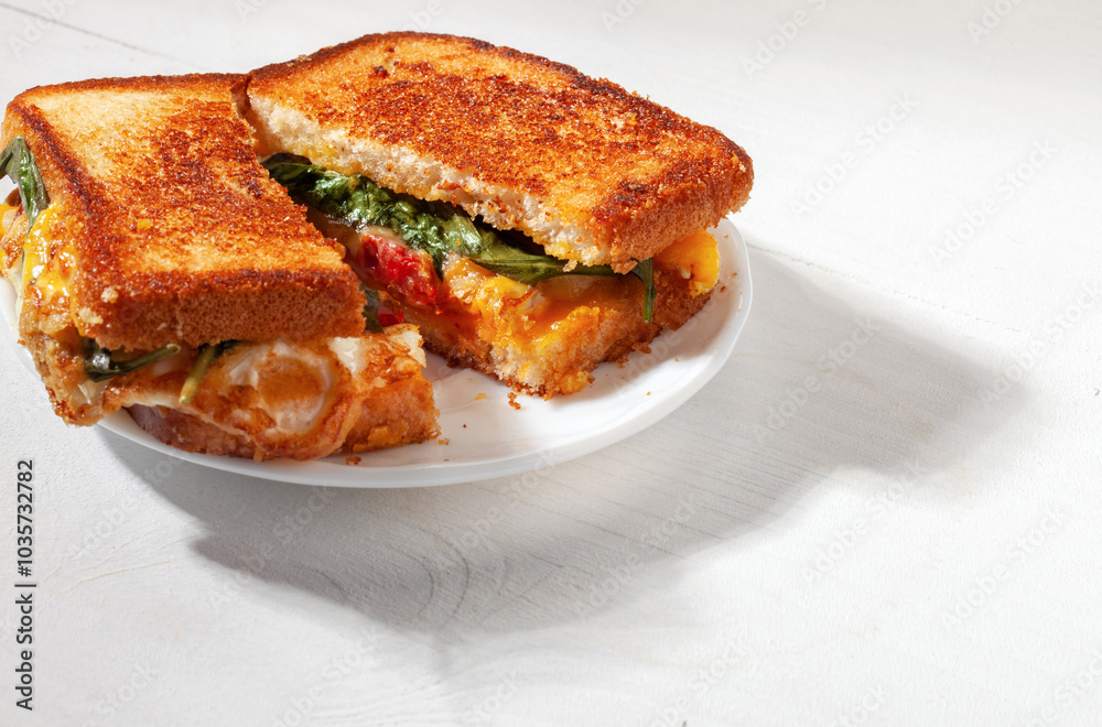 Delicious gourmet homemade sandwich with fried egg and melted cheese, tomato slices and basil leaves Delicious gourmet homemade sandwich with fried egg and melted cheese, tomato slices and basil leaves