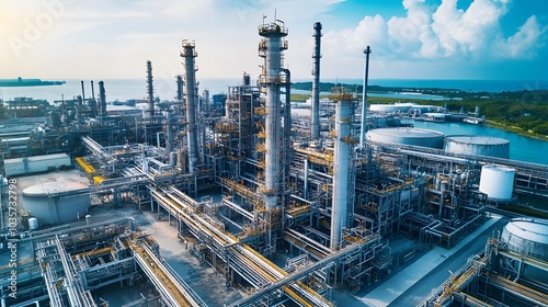 Wallpaper Mural An expansive aerial shot of a petrochemical facility by the water, with pipelines stretching across the plant towards the horizon. Torontodigital.ca