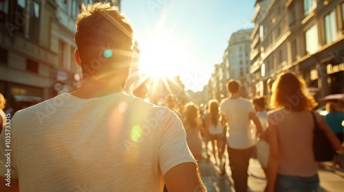 A bustling city street where people of all ages walk energetically in groups and alone, bathed in the warm glow of the setting sun, reflecting urban life vibrancy.