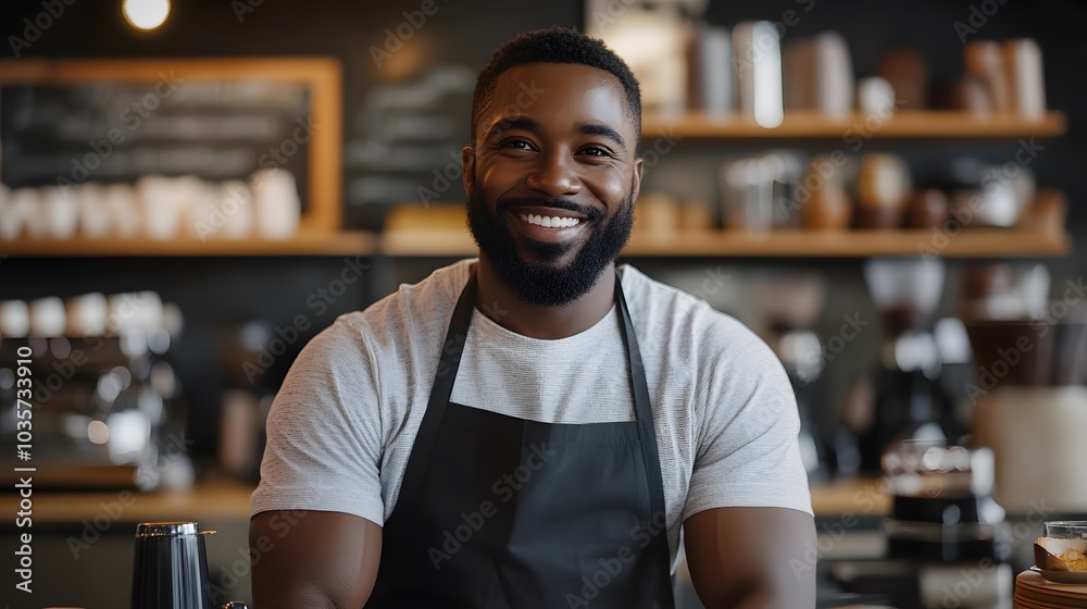 Smiling Barista in a Coffee Shop Wearing an Apron Smiling Barista in a Coffee Shop Wearing an Apron