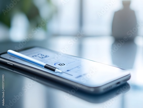 Close-up of a smartphone with a digital screen and stylus, showcasing modern technology and sleek design in a minimalistic setting.