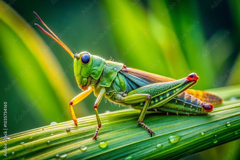 Fototapeta premium Green Grasshopper on Blade of Grass - Candid Nature Photography