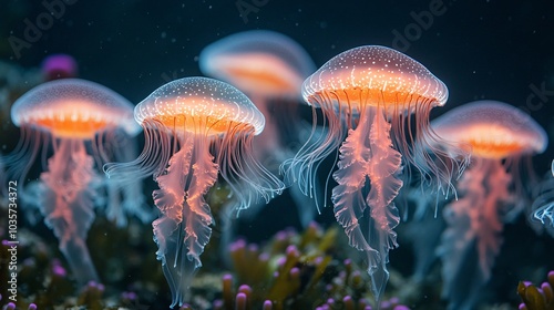 Glowing Orange Bioluminescent Jellyfish in Dark Waters