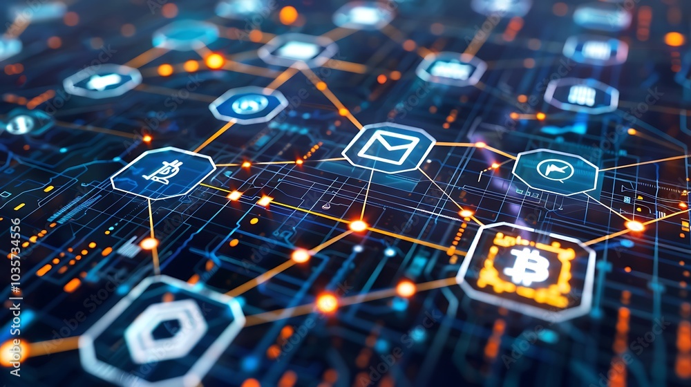 A digital network visualization featuring interconnected icons representing communication and cryptocurrency. A digital network visualization featuring interconnected icons representing communication and cryptocurrency.