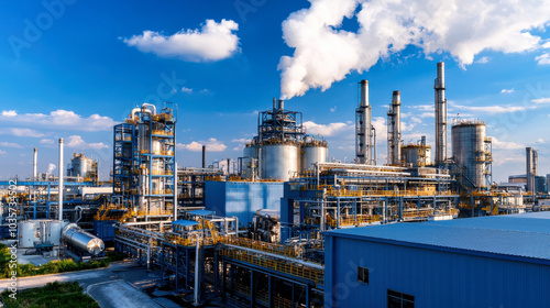 Industrial complex with smokestacks and blue sky, showcasing advancements in renewable energy and manufacturing processes. scene reflects innovation and environmental considerations