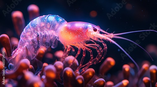 Bioluminescent Pink Shrimp in Colorful Underwater Scene photo