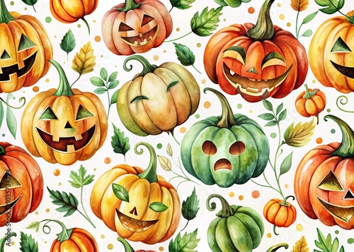 Grinning Halloween Pumpkins Watercolor Pattern for Festive Decor and Seasonal Celebrations