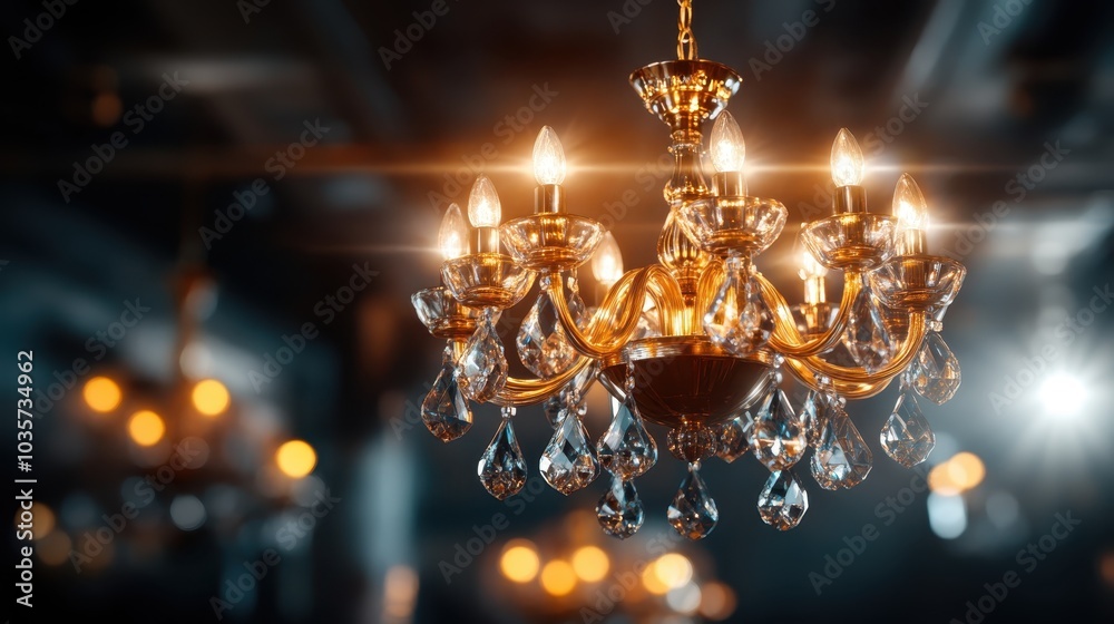 A magnificent crystal chandelier hangs elegantly, casting sparkling reflections and a warm glow in a dimly lit room, showcasing luxury and timeless beauty. A magnificent crystal chandelier hangs elegantly, casting sparkling reflections and a warm glow in a dimly lit room, showcasing luxury and timeless beauty.