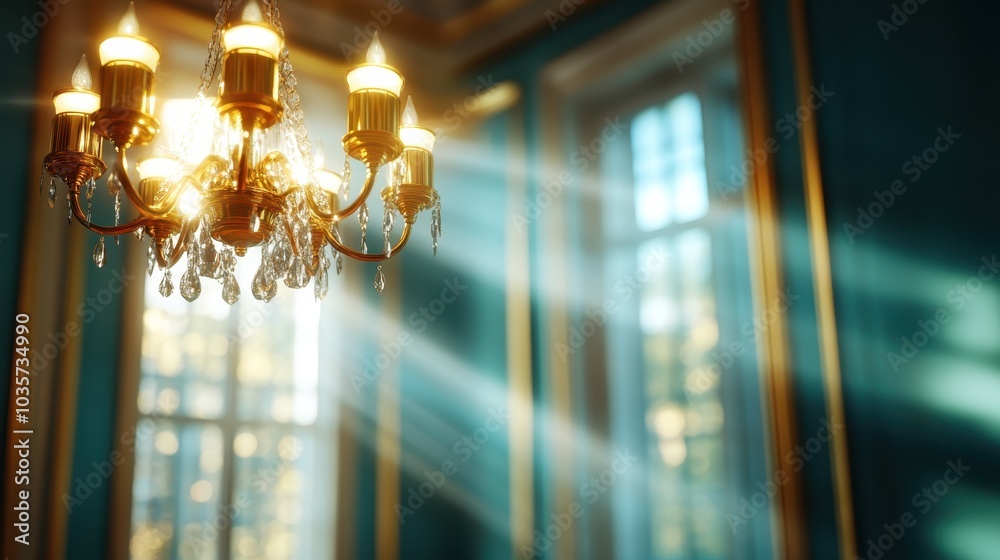Sunbeams pierce through large windows, bathing a room's elegant chandelier in light, creating a play of shadows and emphasizing the classic architectural features.