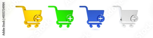 Colorful Add to Shopping cart icon isolated on white background. Online buying concept. Delivery service sign. Supermarket basket symbol. Minimalism concept. 3D render illustration