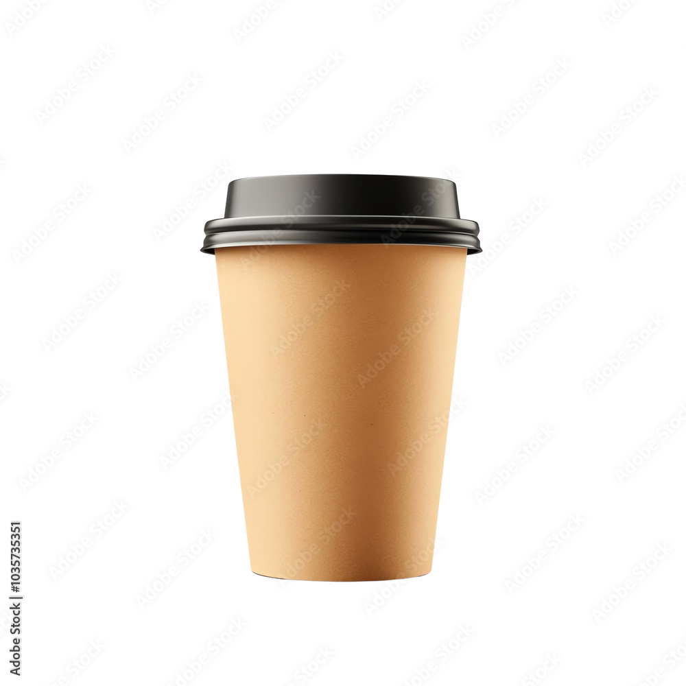 Brown paper coffee cup with a black lid, isolated on white background.,transparent background Brown paper coffee cup with a black lid, isolated on white background.,transparent background
