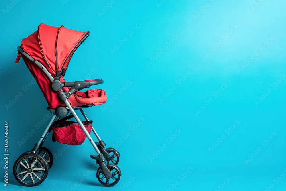 A compact baby buggy stands out against a clean blue backdrop, showcasing its vibrant red color and practical design, ideal for parents seeking convenience and style for their little ones. A compact baby buggy stands out against a clean blue backdrop, showcasing its vibrant red color and practical design, ideal for parents seeking convenience and style for their little ones.