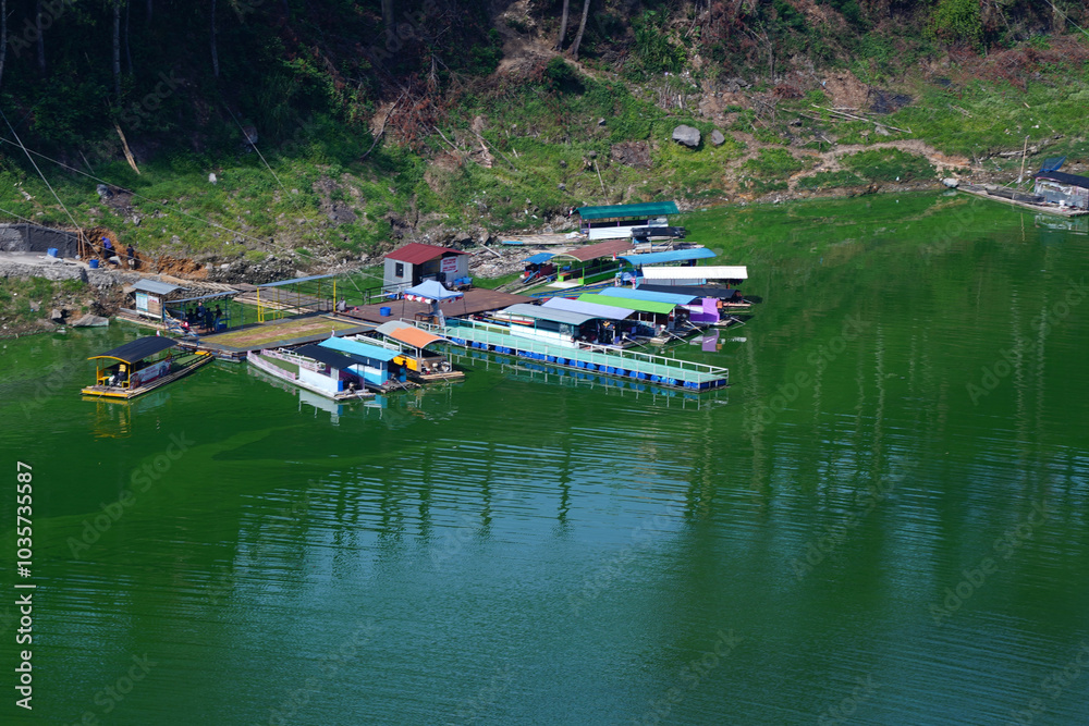 Fototapeta premium floating restaurant complex on Telaga Menjer, Wonosobo.