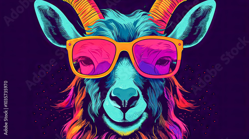 Goat wearing sunglasses and a blue shirt.