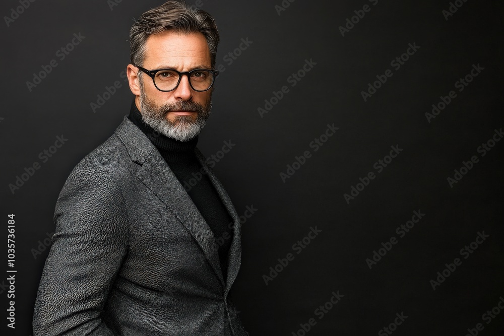 Fototapeta premium A consultant with a well-groomed beard and glasses poses against a solid black backdrop, showcasing a professional look in a tailored suit.