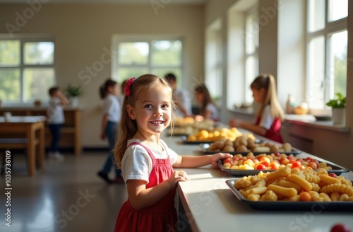Smiling young girl in a cafeteria selects food from trays filled with fruits and vegetables, surrounded by other children
