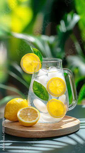 Refreshing lemonade a bright and invigorating drink with fresh lemons and ice cubes in natural setting