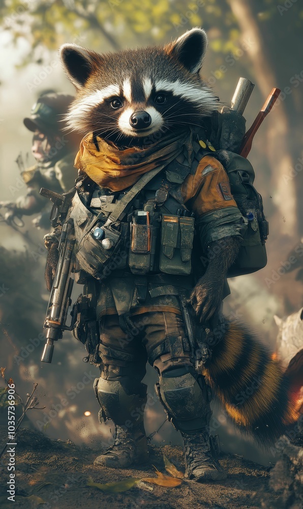 A raccoon soldier with a backpack and a gun. A raccoon soldier with a backpack and a gun.