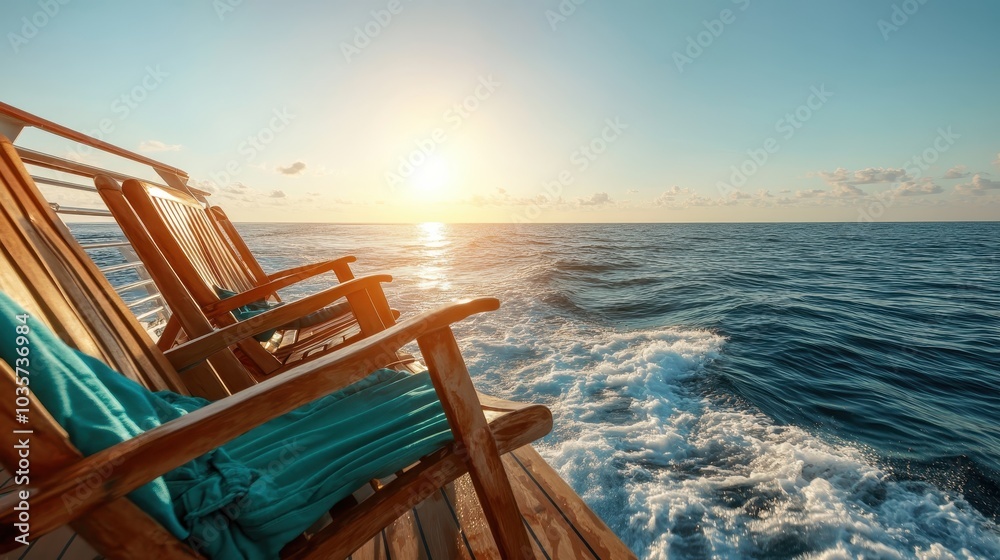 Wooden chairs rest on a boat deck, offering a serene view of the ocean at sunrise, with waves gently splashing against the side, symbolizing peaceful escapism. Wooden chairs rest on a boat deck, offering a serene view of the ocean at sunrise, with waves gently splashing against the side, symbolizing peaceful escapism.