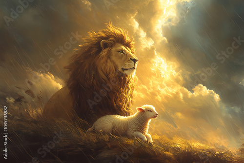 Roaring Lion of Judah, Lamb Resting Beside Golden Dome, Christian Religious Art
