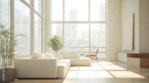 Bright and airy contemporary living room with large windows, neutral furniture, and minimalist decor. Soft natural light fills the space, emphasizing clean lines.