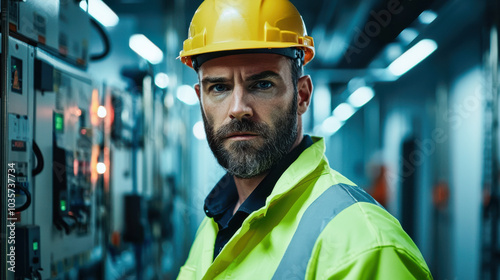 focused electrical technician in safety gear stands confidently in control room, surrounded by equipment and illuminated by soft lighting. His yellow hard hat and high visibility jacket emphasize his