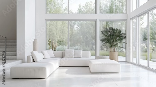 Bright and airy contemporary living room with large windows, neutral furniture, and minimalist decor. Soft natural light fills the space, emphasizing clean lines.