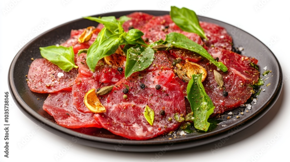 front view Carpaccio with spices on white background isolated front view Carpaccio with spices on white background isolated