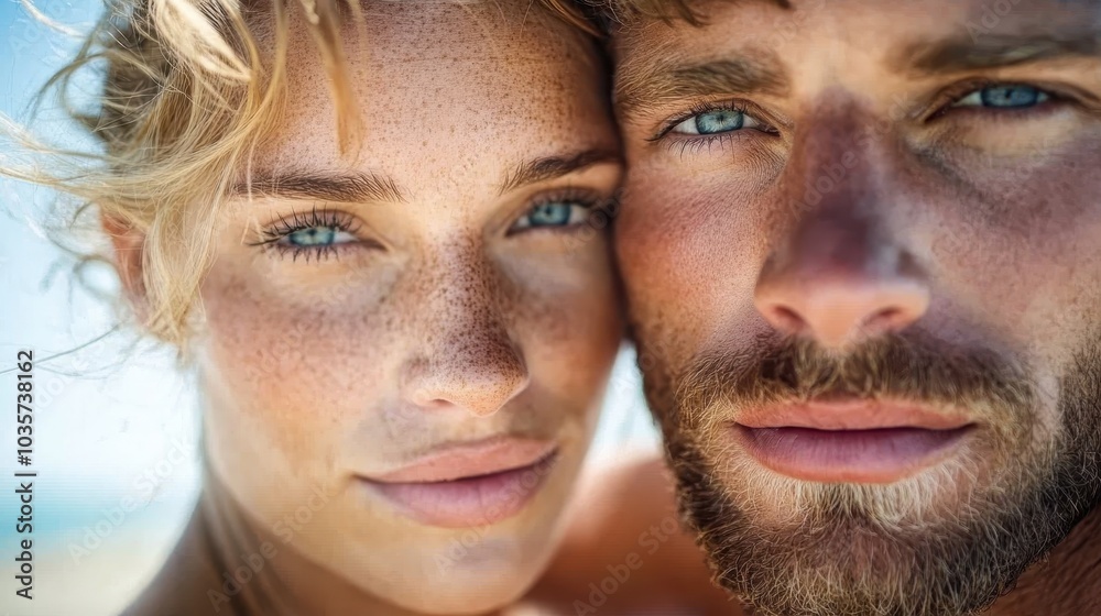 This portrait captures two faces with striking blue eyes and freckles, both appearing solemn yet intimate, representing connection and shared experiences. This portrait captures two faces with striking blue eyes and freckles, both appearing solemn yet intimate, representing connection and shared experiences.