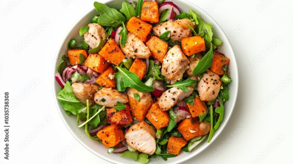 Front view sweet potato and chicken salad on white background isolated Front view sweet potato and chicken salad on white background isolated