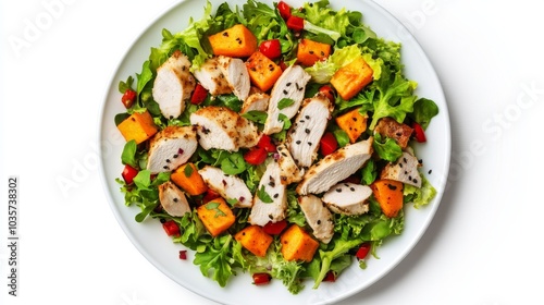 Front view sweet potato and chicken salad on white background isolated