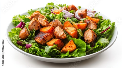 Front view sweet potato and chicken salad on white background isolated