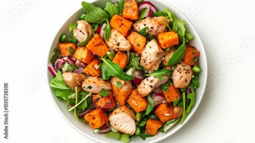 Front view sweet potato and chicken salad on white background isolated