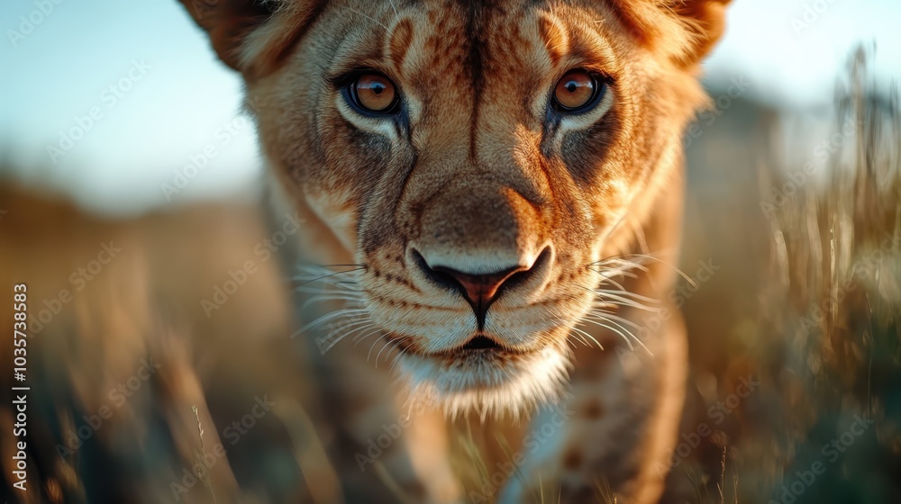 Fototapeta premium A lioness peers closely with an intense and curious gaze amidst tall savannah grasses, capturing the essence of alertness and focus in her natural habitat.