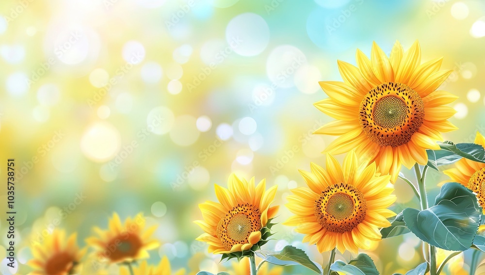 Obraz premium Sunlit sunflower field banner, blurred yellow flowers background, warm spring and summer day