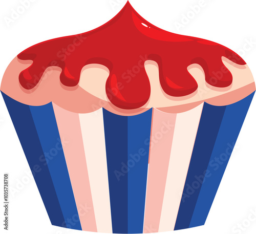 Cartoon style illustration of a delicious cupcake with red frosting dripping down, evoking sweetness and indulgence