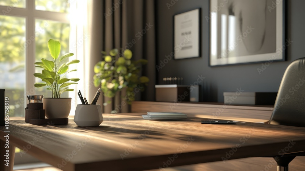 Contemporary home office with a wooden table, a modern chair, and small decorative items, including a potted plant. The space is sleek, simple, and inviting. Contemporary home office with a wooden table, a modern chair, and small decorative items, including a potted plant. The space is sleek, simple, and inviting.